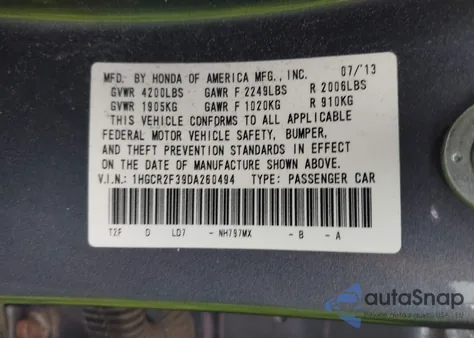 2013 Honda Accord Lx z USA, uszkodzony, nr VIN 1HGCR2F39DA260494